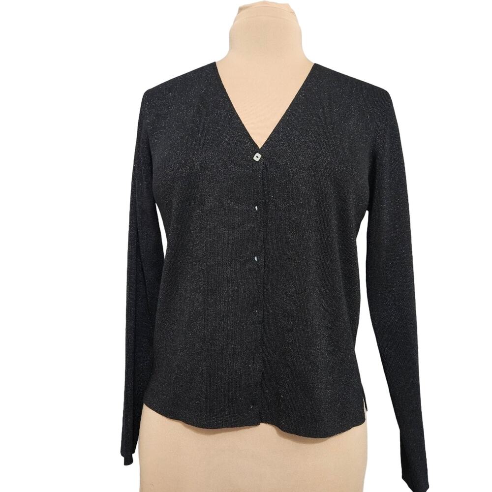 J.A.C. Cardigan Silk Black Metallic Sweater Button Front Size Large Festive Glam